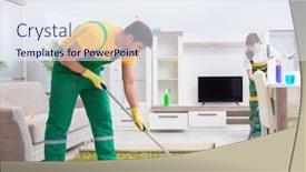  Presentation with cleaning - Colorful presentation design enhanced with cleaning-professional-contractors-working backdrop and a sky blue colored foreground