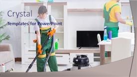  Presentation with cleaning - Audience pleasing theme consisting of cleaning-professional-contractors-working backdrop and a sky blue colored foreground