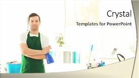  Presentation with cleaning service - PPT theme having cleaning service concept young man background and a  colored foreground