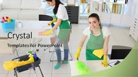  Presentation with office cleaning - Presentation theme enhanced with cleaning service team at work background and a  colored foreground