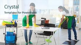  Presentation with office cleaning - Slide deck featuring cleaning service team at work background and a sky blue colored foreground