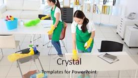  Presentation with office cleaning - Beautiful PPT layouts featuring cleaning service team at work backdrop and a soft green colored foreground