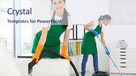  Presentation with cleaning service - Cool new PPT theme with cleaning service team at work backdrop and a sky blue colored foreground