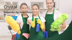  Presentation with cleaning service - Beautiful slide deck featuring cleaning service team at work backdrop and a soft green colored foreground