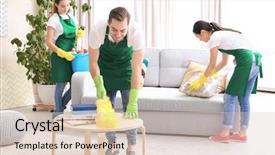  Presentation with room cleaning - Colorful PPT layouts enhanced with cleaning service team at work backdrop and a lemonade colored foreground