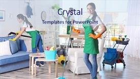  Presentation with cleaning service - Slide set featuring cleaning service team working background and a sky blue colored foreground