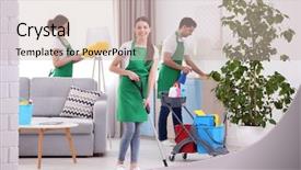  Presentation with cleaning service - Slide set having cleaning service team working background and a soft green colored foreground