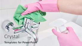  Presentation with cleaning service - Beautiful PPT theme featuring cleaning-service-wiping-bathroom-faucet backdrop and a light gray colored foreground