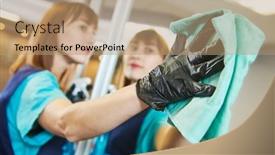  Presentation with office cleaning - Presentation design featuring cleaning-service-wiping-office-mirror background and a coral colored foreground