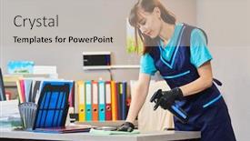  Presentation with office cleaning - Colorful slide set enhanced with cleaning-service-wiping-office backdrop and a light gray colored foreground