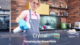  Presentation with cleaning service - Slide deck featuring cleaning service woman clean cooker background and a  colored foreground