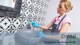 Presentation with cleaning service - PPT theme with cleaning service woman clean washbowl background and a  colored foreground