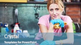  Presentation with cleaning service - Slide set with cleaning service woman cleaner portrait background and a  colored foreground