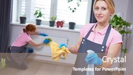  Presentation with cleaning service - Presentation theme featuring cleaning service woman cleaner portrait background and a  colored foreground