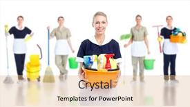  Presentation with cleaning services - PPT layouts with cleaning services - cleaner maid woman group isolated background and a coral colored foreground