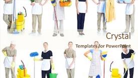  Presentation with cleaning services - Amazing slide set having cleaning services - housemaid cleaner in uniform isolated backdrop and a cream colored foreground