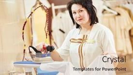  Presentation with cleaning services - Beautiful slides featuring cleaning services woman with iron backdrop and a lemonade colored foreground