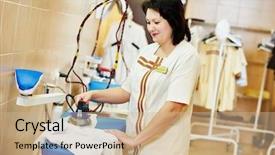  Presentation with ironing - PPT layouts having cleaning services woman with iron background and a coral colored foreground