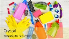  Presentation with household products - PPT theme featuring cleaning set with tools background and a yellow colored foreground