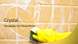  Presentation with rubber - Cool new PPT theme with cleaning sponge - hand in yellow rubber glove backdrop and a blonde colored foreground