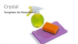  Presentation with spray - Audience pleasing PPT theme consisting of cleaning spray bottle sponge and cloth on white background backdrop and a white colored foreground