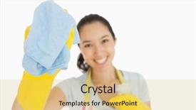  Presentation with rubber gloves - Audience pleasing presentation consisting of cleaning staff - laughing woman wiping backdrop and a yellow colored foreground