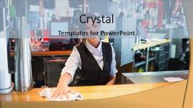  Presentation with tiki bar - Colorful PPT theme enhanced with cleaning staff - pretty barmaid wiping down bar backdrop and a light blue colored foreground