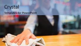  Presentation with bar - PPT theme enhanced with cleaning staff - pretty barmaid wiping down bar background and a light blue colored foreground
