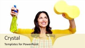  Presentation with staff - PPT layouts featuring cleaning staff - young smiling cleaner woman isolated background and a  colored foreground