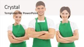  Presentation with staff - Beautiful PPT theme featuring cleaning staff in green aprons backdrop and a lemonade colored foreground