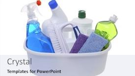  Presentation with cleaning detergents - Slide deck featuring cleaning supplies in bin on white background background and a light blue colored foreground