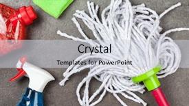  Presentation with cleaning the school - Slide deck consisting of cleaning supplies on grey background background and a sky blue colored foreground