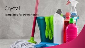  Presentation with cleaning - Presentation design having cleaning supplies on grey background background and a light gray colored foreground