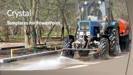  Presentation with city street - Beautiful presentation theme featuring cleaning sweeper tractor pours water backdrop and a gray colored foreground