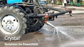  Presentation with city street - PPT theme with cleaning sweeper tractor pours water background and a gray colored foreground