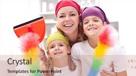  Presentation with task - PPT theme with cleaning task-force - woman background and a coral colored foreground