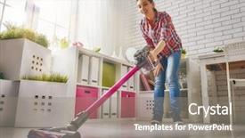  Presentation with pregnant woman cleaning - Amazing PPT theme having cleaning the house woman vacuum backdrop and a gray colored foreground
