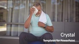  Presentation with anonymous invisible face in urban - Presentation theme having cleaning training - senior man wiping sweat off background and a  colored foreground