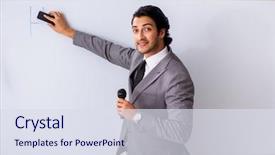  Presentation with whiteboard - Presentation design enhanced with cleaning training - young handsome businessman in front background and a sky blue colored foreground