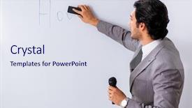  Presentation with whiteboard - Presentation theme featuring cleaning training - young handsome businessman in front background and a sky blue colored foreground