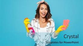  Presentation with rubber gloves - Cool new theme with sprayers - portrait of young woman 20s backdrop and a teal colored foreground