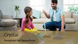  Presentation with floor care and cleaning services - Amazing presentation theme having cleanliness - daughter helping father to clean backdrop and a coral colored foreground