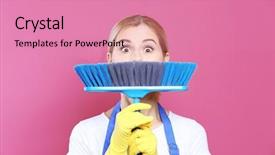  Presentation with brush - PPT layouts with cleanliness - funny adult woman with floor background and a coral colored foreground