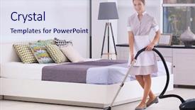  Presentation with hotel - PPT theme featuring cleanliness - hotel female chambermaid with vacuum background and a sky blue colored foreground