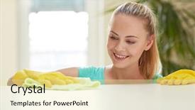  Presentation with housekeeping - Cool new slides with cleanliness - people housework and housekeeping concept backdrop and a blonde colored foreground