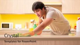  Presentation with kitchen sink splash - PPT theme enhanced with cleanliness - single man cleaning kitchen background and a coral colored foreground