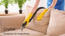  Presentation with cleanliness - Presentation theme enhanced with cleanliness - woman cleaning couch with vacuum background and a coral colored foreground