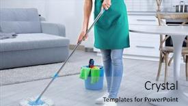  Presentation with cleaning - Presentation design with cleanliness - woman with mop cleaning home background and a light blue colored foreground