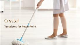  Presentation with cleanliness - PPT theme consisting of cleanliness - young charwoman moping floor background and a sky blue colored foreground