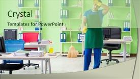  Presentation with mopping - PPT theme enhanced with cleanliness workplace - male handsome professional cleaner doing background and a mint green colored foreground